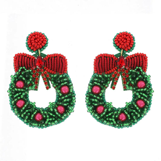 Christmas Wreath Beaded Dangle Earrings