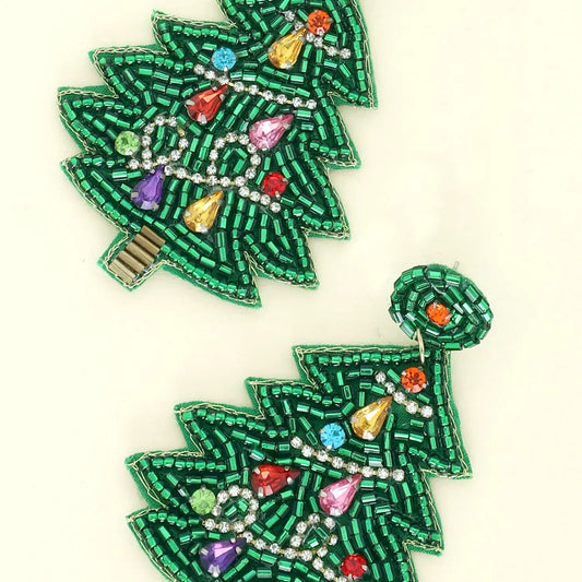 Beaded Christmas Tree Dangle Earrings