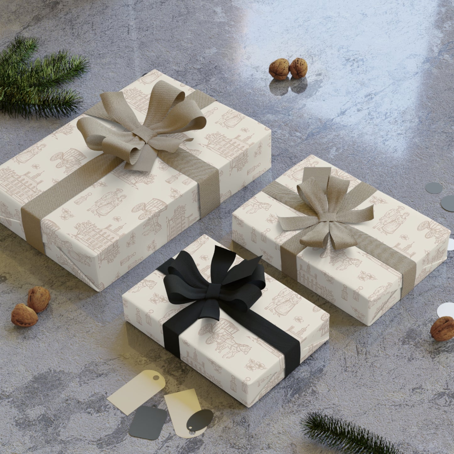Neutral Beige Holiday Wrapping Paper Roll — Minimal Village Pattern